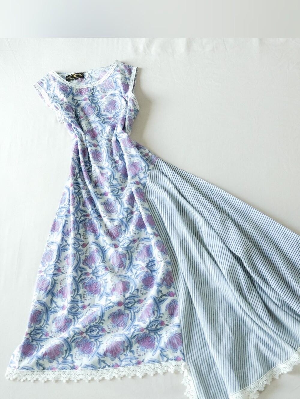 Nazila Couture Blue Purple Floral Stripe Cotton Asymmetrical Maxi Dress S